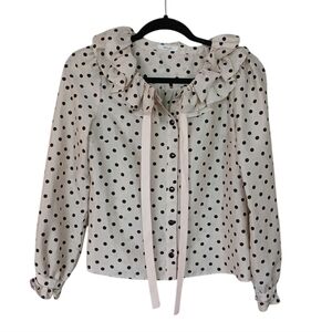 Milk Polka Dot Button Down Blouse With Ruffles Size Extra Small